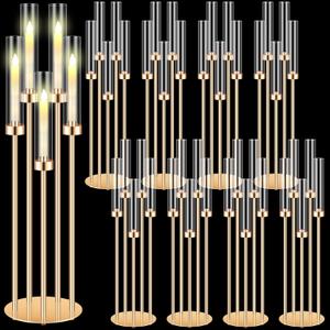 Tandefio 8 Pcs Acrylic Candelabra Centerpieces 35" Tall Clear Candle Holders Pillar Taper Candlestick with Lampshades 5 Arm Floor Candelabra Stand for Wedding Christmas Ceremony Dinner Party