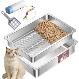 Stainless Steel Sifting Cat Litter Box for Pine Pellets, XL Extra Large Metal Cat Litter Box Sifter Pan with Litter Scoop, Low Dust, Odor Control, Easy Cleaning (23.6L*15.7W*6H, 1 Pack)
