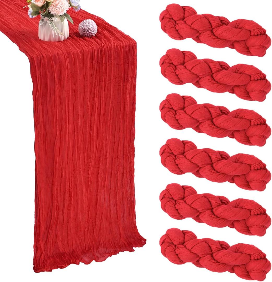 6 Pack Red Cheesecloth Table Runner 35x120 Inch Gauze Rustic Boho Table Runner 10FT Cheese Cloth for Wedding Decor Birthday Party Bridal Baby Shower Table Decoration