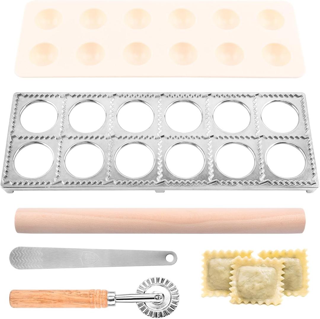 Ravioli Press Mold Set, 12 Holes Ravioli Maker Press,1 x Pasta Cutter Stamp Maker, 1xWood Rolling Pin Pasta Making Tools,1x Filling Spoon, for Ravioli, Dumpling, Hand Pie