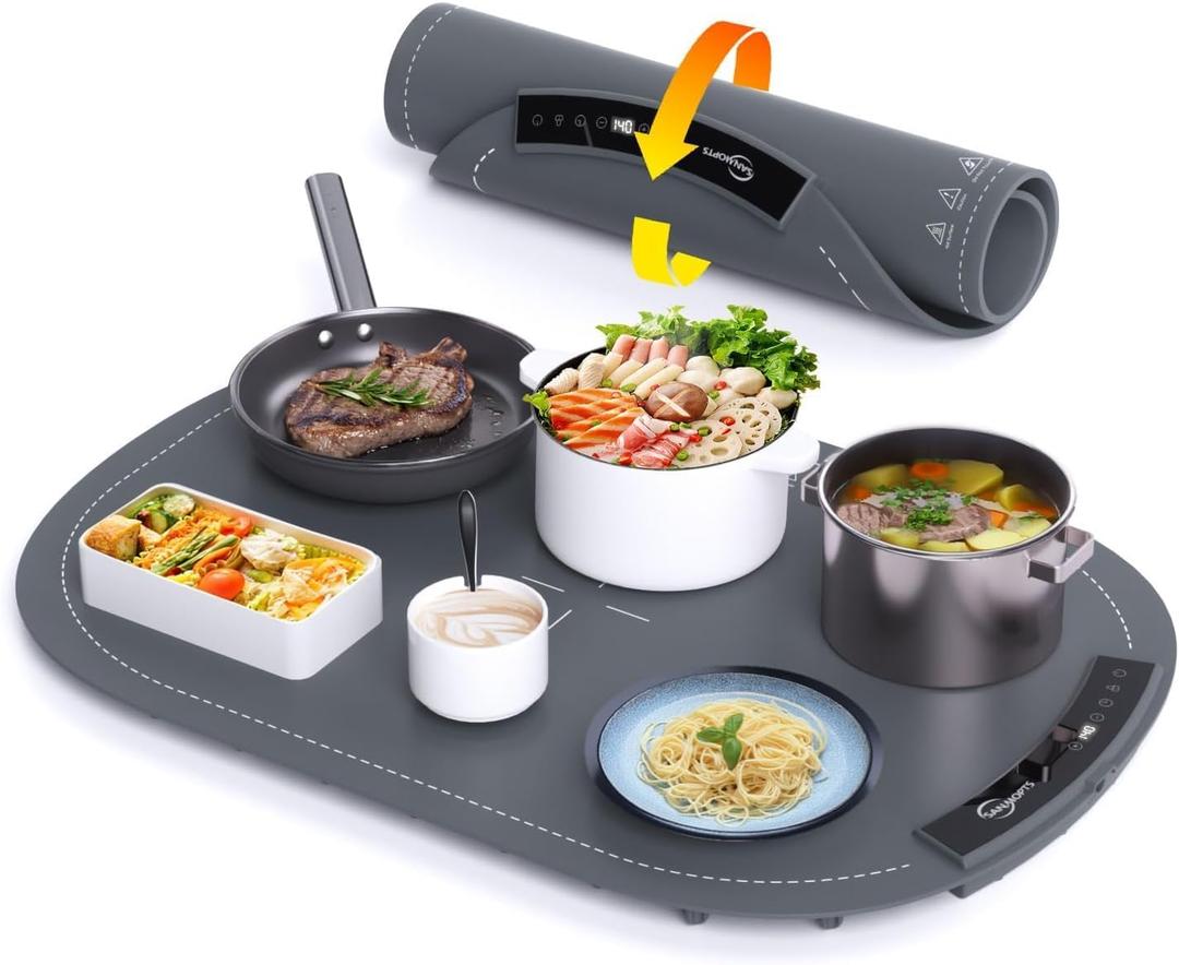 Warming Tray Mat, Silicone Food Warming Tray for Buffets & Parties, Electric Heating Mat for Food with 8 Temperature Settings, Roll-Up Storage (Gray)