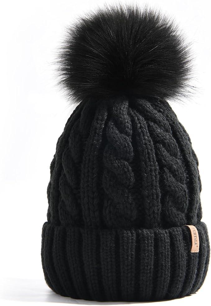 FURTALK Winter Beanie Hat for Women Fleece Lined Faux Fur Pom Pom Hats Womens Warm Thick Knit Skull Cap