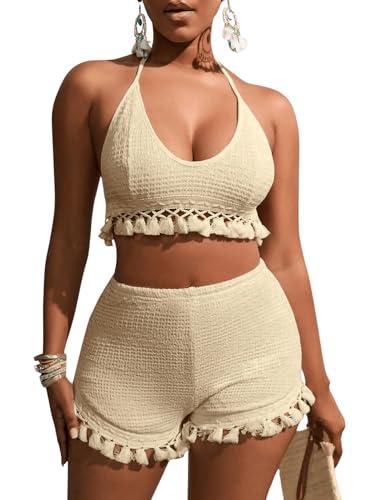 BEAUDRM Women's 2 Piece Outfits Tassel Trim Backless Halter Crop Top and Elastic Waist Shorts Sets (Apricot, Medium)