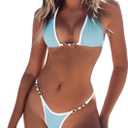TASHEHE Women's Triangle Thong Bikini Set Sexy String Brazillian Two Piece Swimsuit Cute Bikini Bathing Suit (Light Blue)