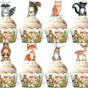 96PCS Woodland Baby Shower Cupcake Toppers and Wrappers Set (48 of each), Woodland Animals Cupcake Decorations, Kids Forest Creatures Themed Birthday Party Supplies for Table Decorations