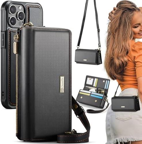 CaseMe 2-in-1 Detachable for iPhone 16 Pro Crossbody Wallet Case with RFID Blocking 10-Card Holder for Woman, PU Leather Wrist Strap Zipper Purse Wallet Phone Case for iPhone 16 Pro 6.3", Black