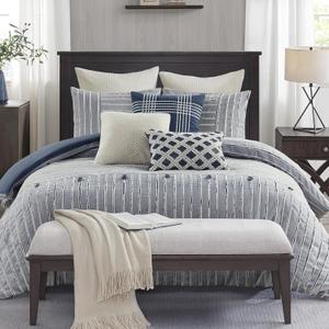 Madison Park Queen Comforter Cotton Clipped Jacquard, Oversized Comforters Queen Size Bed, All Season Down Alternative Overfilled Queen Size Comforter, Essence, Full/Queen, Blue 8 Piece