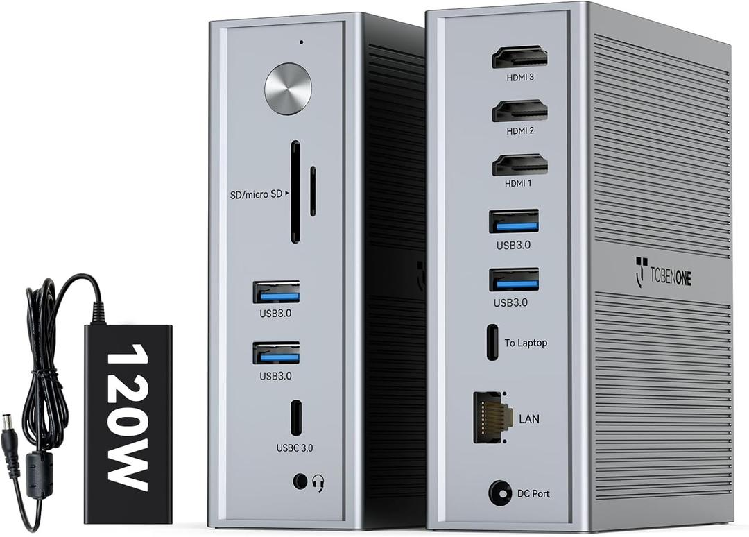 TobenONE DisplayLink Docking Station 3 Monitors, 14-in-1 Triple Monitor Dock for M1-M5 MacBook/Mac mini, Windows, Chrome (3HDMI, 120W Power Supply, 5 USB, Home Office & Professional Workspace