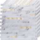 LONGKING 10-Sheet Peel and Stick Backsplash Tile, PVC Stick on Tile for Kitchen, Bathroom Vanities, Fireplace Dcor - White Marble Interspersed with Metal Gold