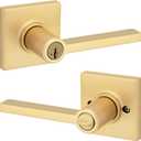 Kwikset Casey Entry Door Handle with Lock and Key, Secure Keyed Reversible Lever Exterior, Doorlock, for Front Entrance and Bedrooms, Satin Brass, Pick Resistant Smartkey Rekey Security