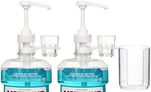 Dispenser Pumps for Listerine 1 or 1.5 Liter Mouthwash Bottles with Cup Holders, Resuable Cups and Clear Plastic Paper Cup Dispenser - Fits Total Care, Original, Zero Alcohol, Cool Mint, etc