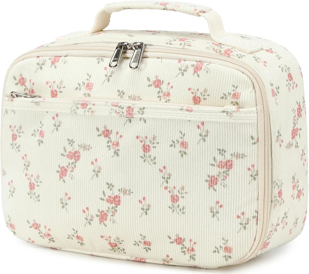 Bluboon Kids Girls Lunch Bag Insulated Lunch Box for school Corduroy Lunch Cooler Organizer School Kids Lunch Tote (Red flower beige base)