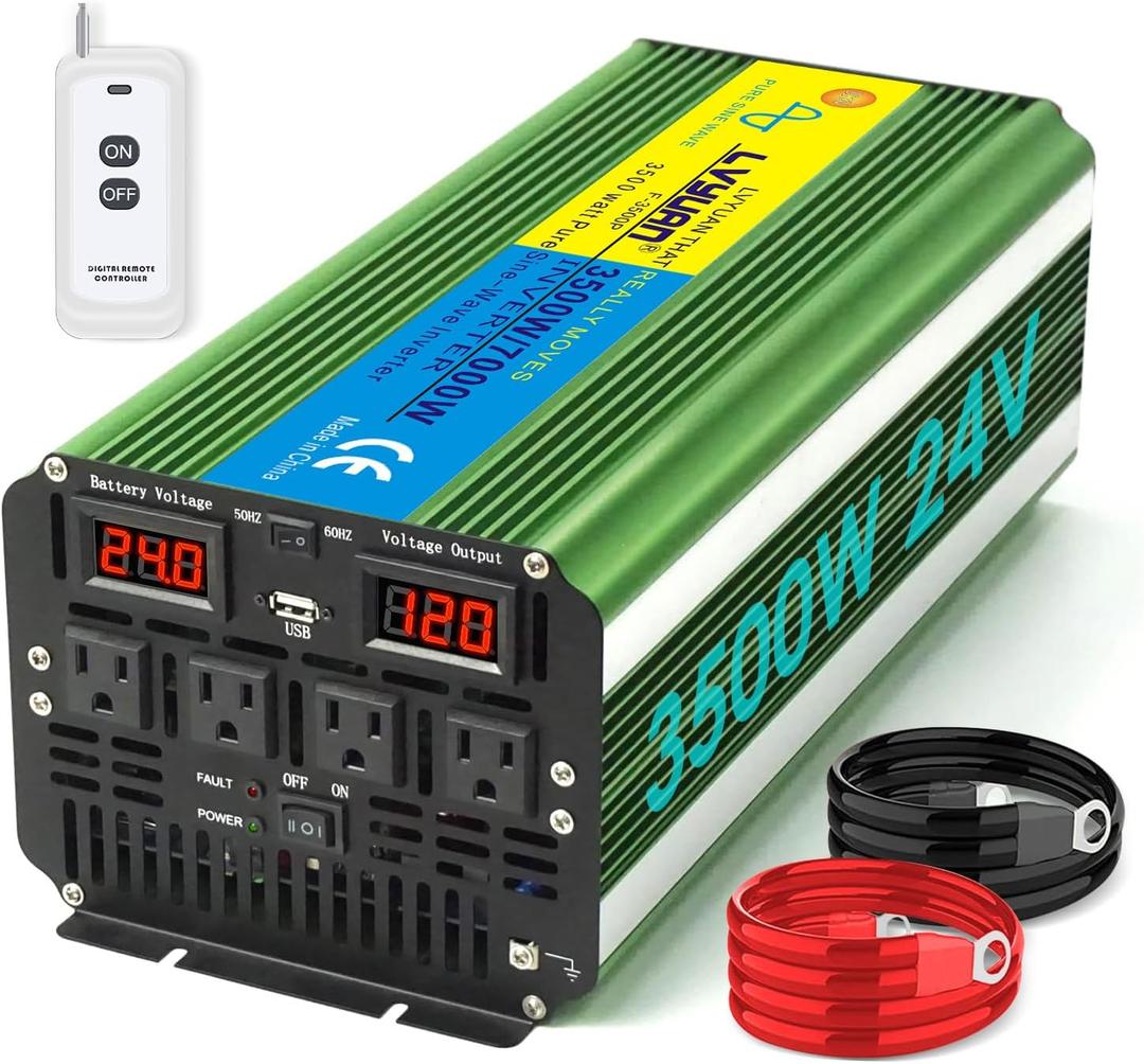 LVYUAN 3500W Pure Sine Wave Inverter DC 24V to AC 110V/120V Car Inverter with 4 AC Outlets USB Port for Camping/Truck/RV/Solar System/Travel Camping (Green)