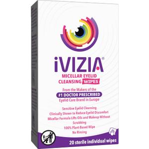 iVIZIA Eyelid Cleansing Wipes for Sensitive Eyelid Cleansing, Preservative Free, Micellar, No Rinse, Gentle Eye Makeup Remover, 20 Sterile Single Use Wipes for Eyelids