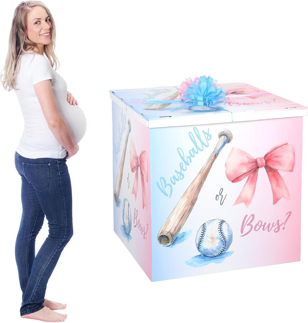 AmazingSpark 28in Giant Gender Reveal Gift Box Kit, Baseballs or Bows, 1 Count
