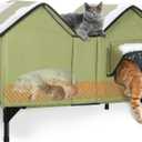 Extra Large Heated Cat House for Outside, Elevated Waterproof Outdoor Cat House Weatherproof for Winter, Insulated Outdoor Cat Shelter with Escape Doors and Heating Pad for Multiple Cats, Green