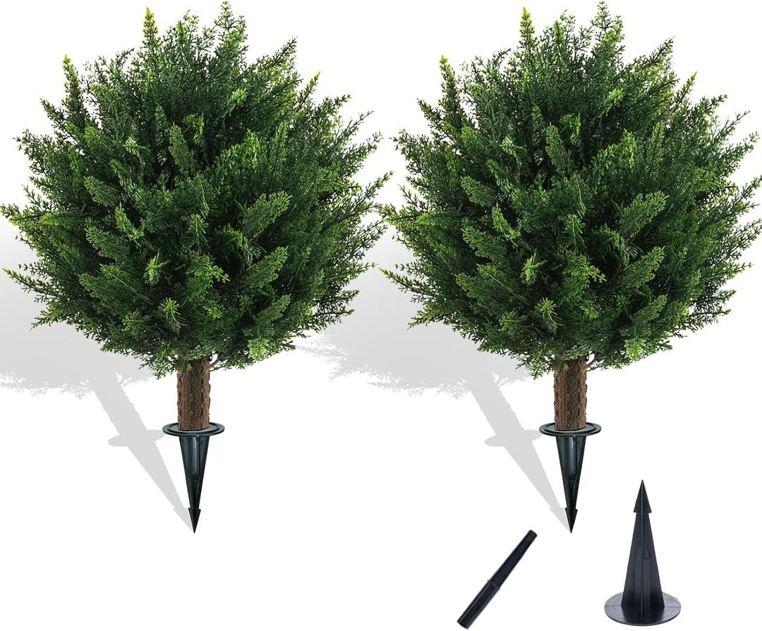 Chillchard 21" Artificial Cypress Topiary Outdoor Plants with Spike, 2 Pack Faux Cedar Bushes UV Resistant Fake Shrubs for Front Porch Dcor