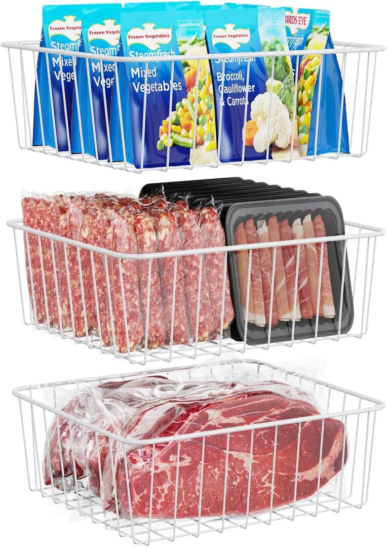 iSPECLE Upright Freezer Organizer Bins - 3 Pack Small Freezer Bins for 5 / 6 / 6.5 / 6.8 / 7 cu.ft Upright Freezer Easy Get, No Food Falling off, Upright Freezer Baskets Allow Air Circulation, White