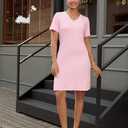 Womens Summer Dresses Casual V Neck Mini Shift Short Sleeve Sun Dress for Women Work Split Beach Sundress (Pink, S)