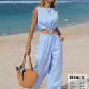 EXLURA Womens 100% Cotton 2 Piece Outfits Stripe Drawstring Crop Tank Tops Wide Leg Pant Sets Faux Linen Summer Cruise Beach (Blue, L)