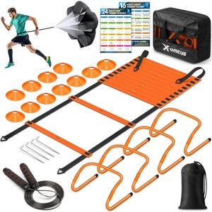 Agility Ladder Speed Training Equipment Set-20ft Agility Ladder,12 Soccer Cones,4 Hurdles, Jump Rope, Running Parachute| Basketball Football Soccer Training Equipment for Kids Youth Adults (Orange)