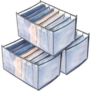 TOOVREN T-Shirt Organizer, Drawer Dividers for Clothes, Mesh Clothes Storage for Leggings, T-Shirts, Kids Jeans, Underwear (3Pack) (3PCS(Thin Jeans Grids,Gray))