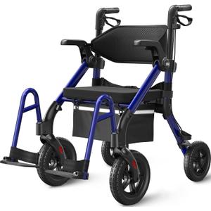 VOCIC Walkers for Seniors, Z55 2 in 1 Walker Wheelchair Combo, No-Bend Footrest, Rollator with 10" All Terrain Big Wheels, Transport Wheelchair Foldable, Rollator with Seat & Brakes, Storage Bag (Royal Blue)