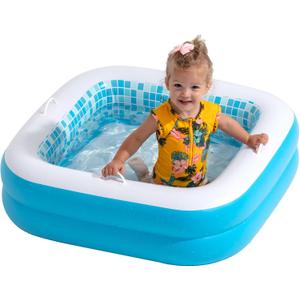 Baby Pool with Cushioned Floor, Grip Handles and Drain - Skin Safe Small Square Inflatable Kiddie Pool, Bathtub and Ball Pit, for Babies, Infants and Toddlers 1-3, 34" Summer Blue