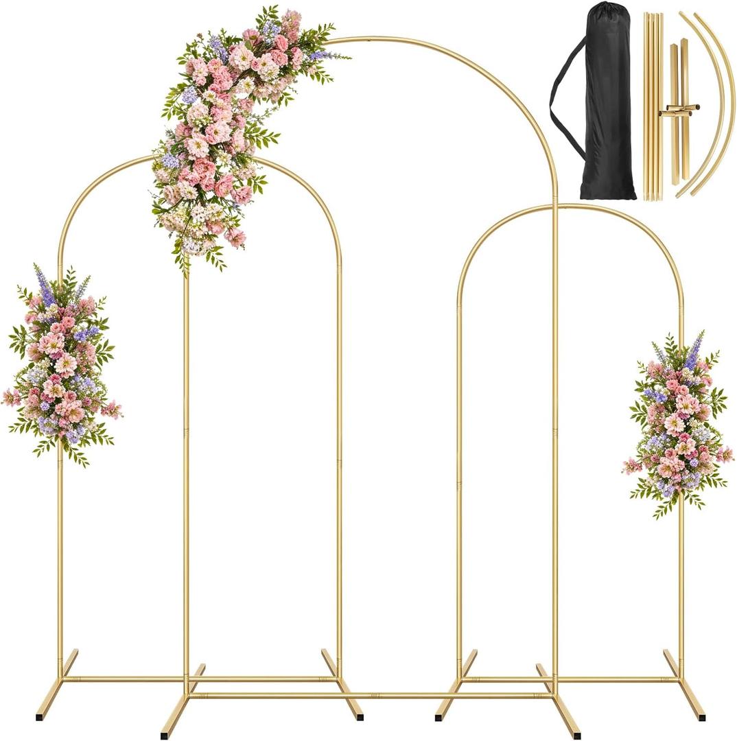 Arch Backdrop Stand, Metal Arch Backdrop Stand Set of 3 (7.2FT/6.5FT/5.9FT), Gold Wedding Party Arch Frame Backdrop Arch arcos para decoracion de Fiestas (7.2FT/6.6FT/6FT)