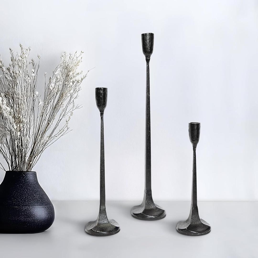Iron Taper Black Candle Holder Set of 3, Heavy Duty Tall Taper Candle Stand, Table Centerpiece Candlestick Holder Set for Home Decoration, Wedding, Dining Table