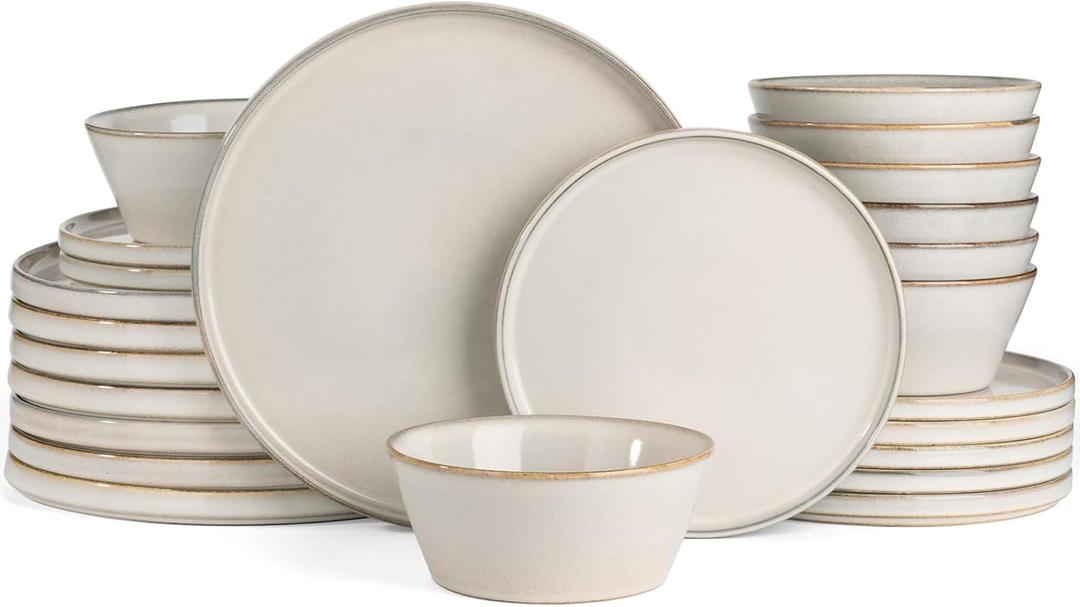 Famiware Plates and Bowls Sets, Annecy Stoneware Dinnerware Sets for 8, 24 Pieces Dish Set, Plate with Lip Edge, Reactive Glaze Tableware - Microwave & Dishwasher Safe, Grey-White