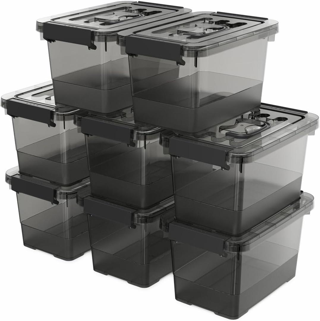 Black Plastic Storage Latch Bins, 8 Pack Clear Plastic Handle Box with Lids and Handle, Multi-Purpose, 4 Quart