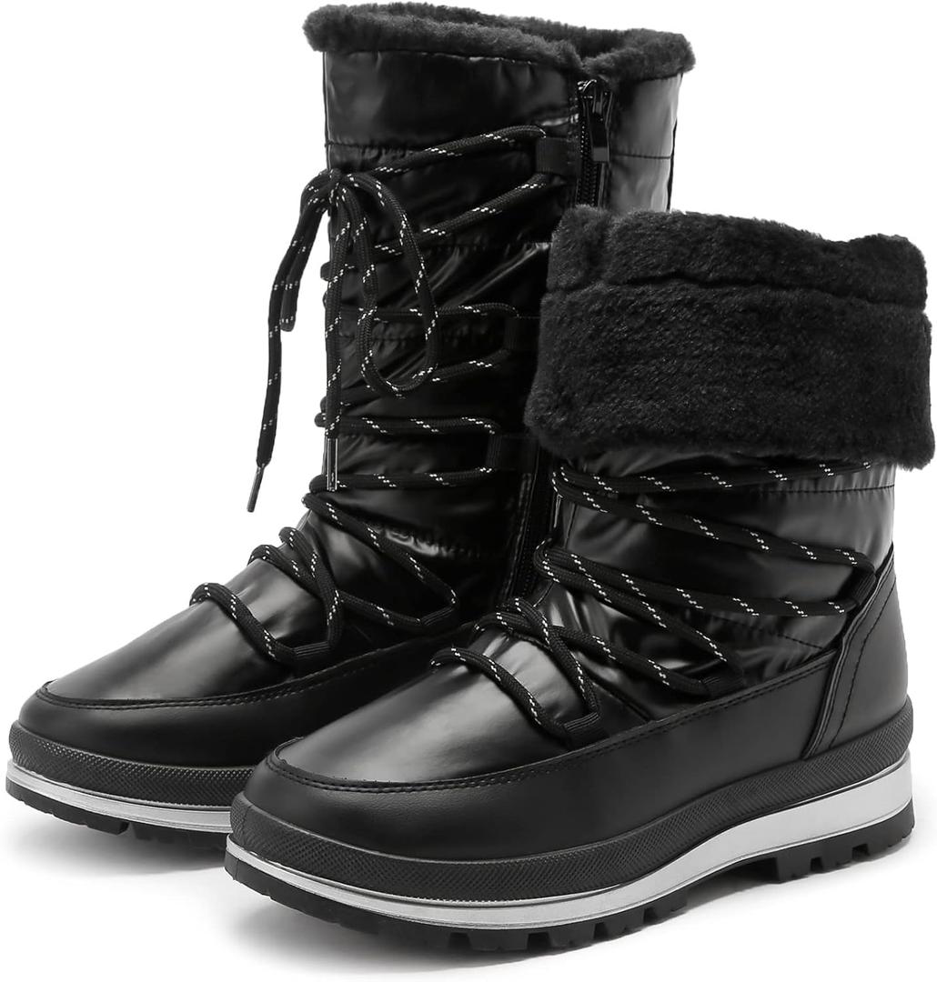 HEAWISH Womens Winter Snow Boot Fur Lined Mid Calf Warm Boots (6, Black)