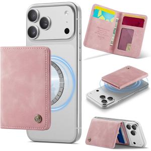 Defencase for Magsafe Wallet Magnetic Card Holder RFID Blocking, PU Leather Minimalist Phone Wallet for MagSafe Phones and Cases for iPhone 17/16/ 15/14/ 13/12/ Pro/Max/Plus/Air, Rose Pink