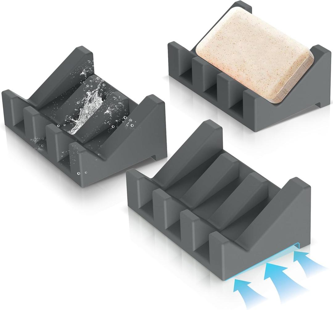 Silicone Soap Dish,3PCS Extended Self Draining Soap Dish for Shower Soap Holder Soap Dishes for Bar Soap,Bathroom Soap Holder Bathtub Soap Dish with Drainage Keep Soap Bar Dry Clean (3.8 x 2.8inch, 3*dark Gray)