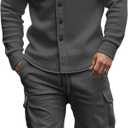 Men's Fleece Cargo Jacket Tracksuit Set 2 Pieces Solid Color Long Sleeve Button up Jacket and Cargo Pants Set (XX-Large, Dark Grey)