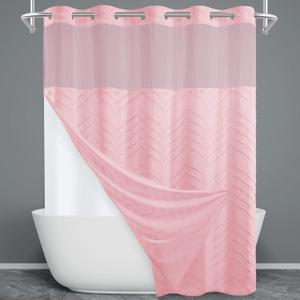 WONICY No Hook Shower Curtain with Snap in Liner, Tufted Chevron Striped Shower Curtain Set for Bathroom, Boho Waterproof and Washable Shower Curtains, 71Wx74H, Pink