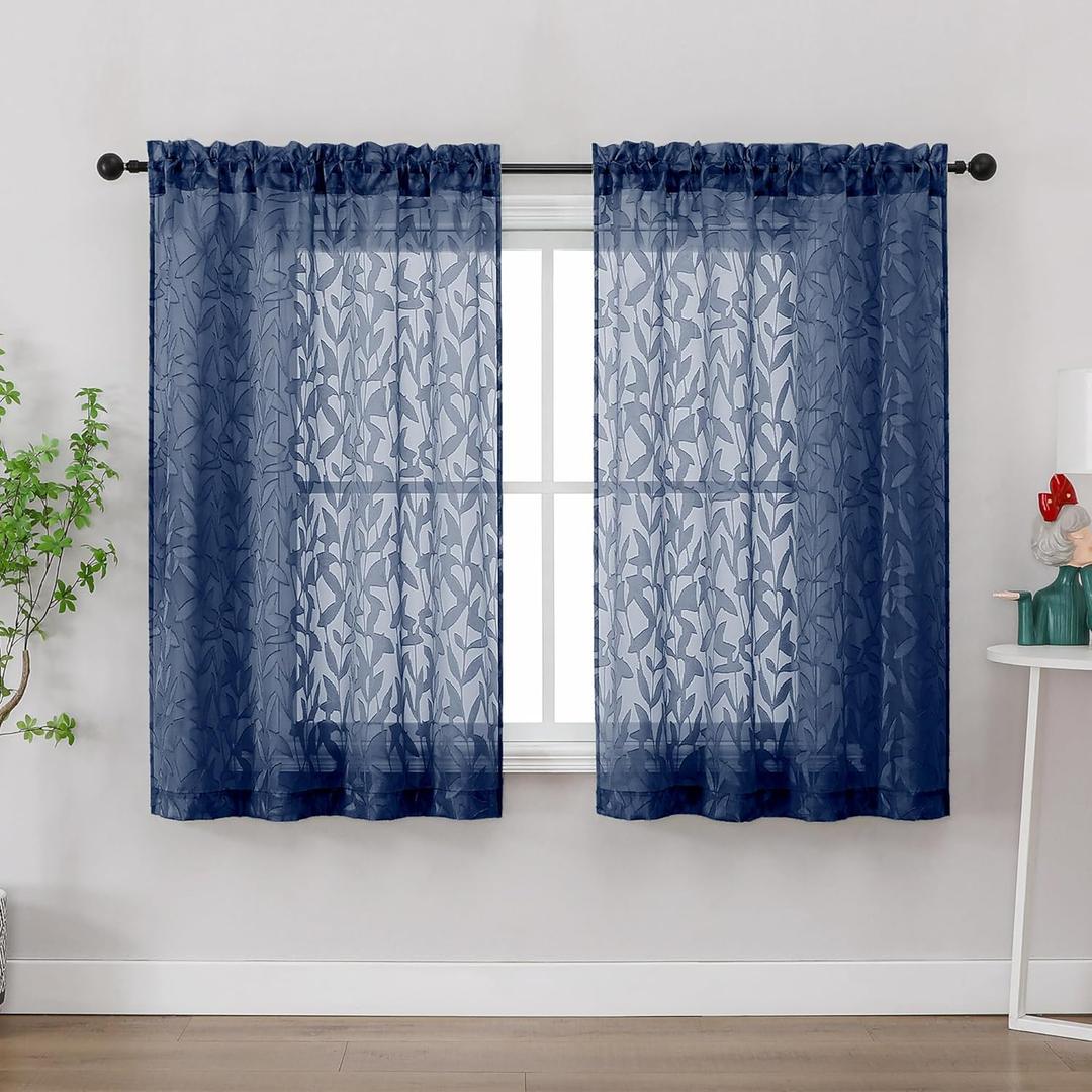 Gwine Navy Blue Curtains 45 Inch Length 2 Panels, Light Filtering Leaf Clip Jacquard Textured Short Window Curtains, Rod Pocket Farmhouse Window Treatments Curtain for Bedroom Living Room, 42" Wx45 L