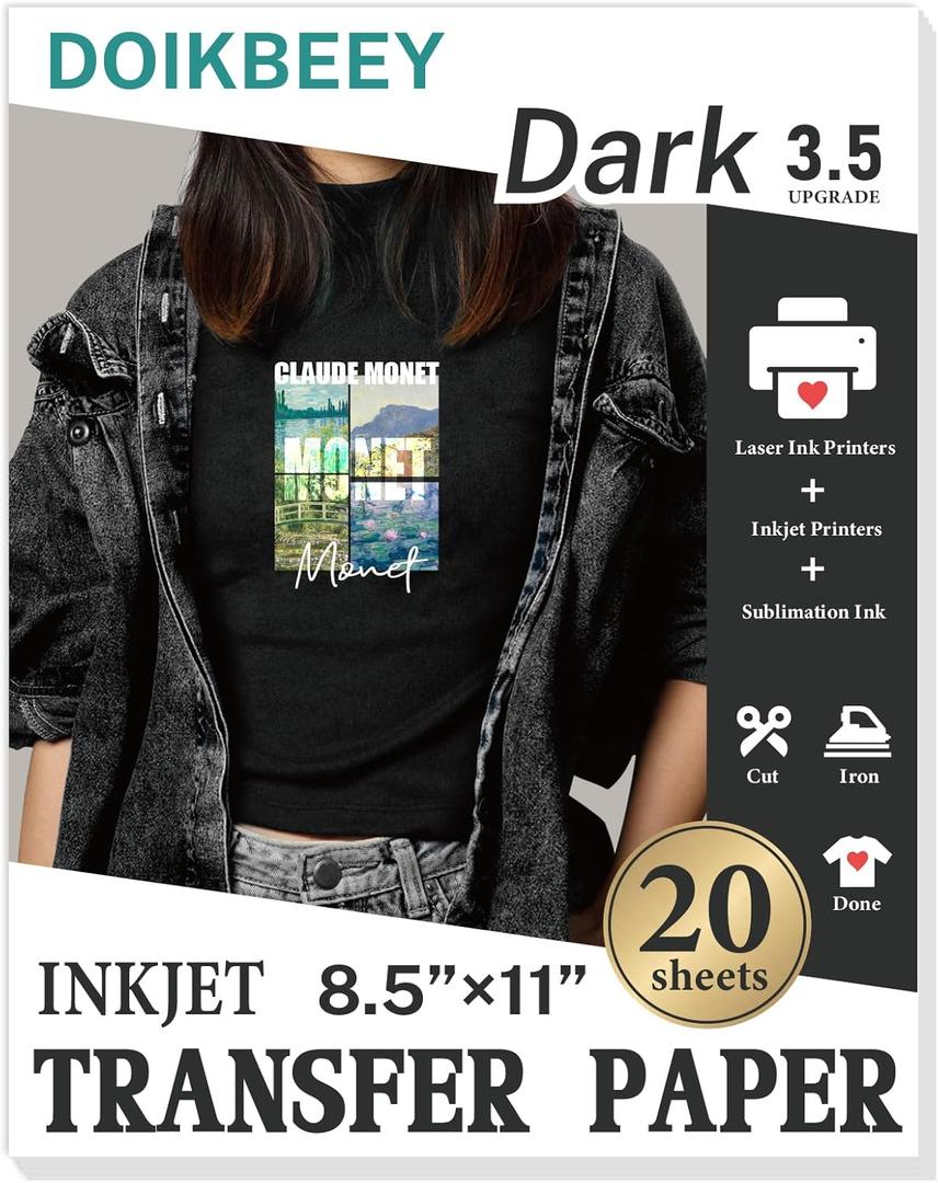 Upgraded Version 3.5 Heat Transfer Paper for T Shirts 20 Sheets, 8.5" X 11" Printable Heat Transfer Vinyl, Vivid Color & Durable Iron on Transfer Paper for Dark Fabric