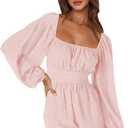 Long Sleeve Shorts Rompers For Women 2024 Summer Square Neck Tie Back Dressy Chiffon Mini Short Jumpsuit, M