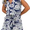 VERABENDI Womens Tropical Romper Vacation Outfit V Neck Flutter Sleeve Tie Waist Beach Romper for Cruise, Resort & Island (Blue, M)