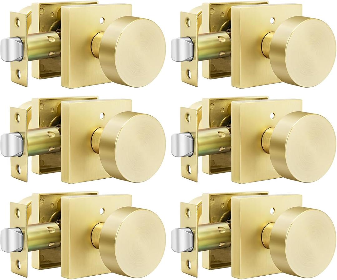 Goldenwarm Gold Door Knobs Interior, Zinc Alloy Square Ball Brushed Gold Privacy Door Knobs for Bedroom, Bathroom,Heavy Duty Interior Door Knob Bulk - Modern & Stylish(6 Pack)