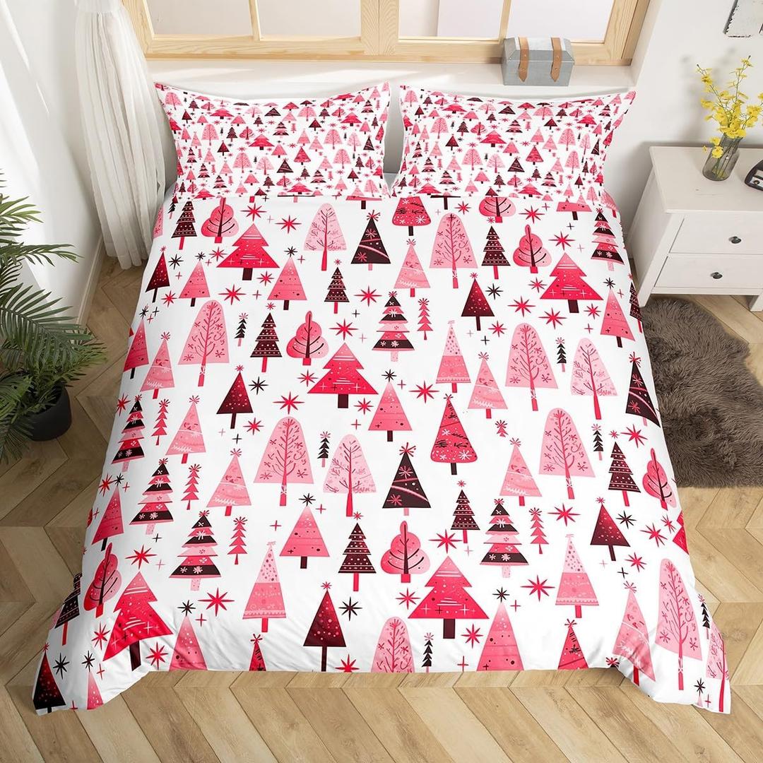 Manfei Pink Xmas Trees Duvet Cover Set Full Size, Christmas Theme Bedding Set 3pcs for Kids Boys Girls Adults, Happy New Year Comforter Cover Soft Polyester Quilt Cover with 2 Pillowcases,No Comforter