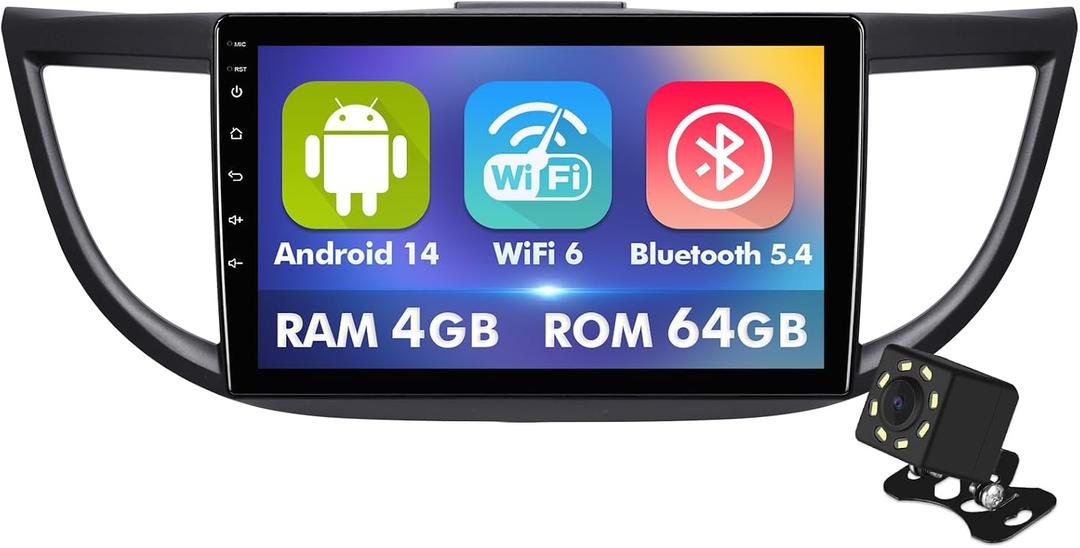 4Core+64GB 10.1 Inch IPS Touchscreen Android 14 Car Stereo for Honda CR-V 2012-2016 with Wireless CarPlay & Android Auto Car Radio, Support GPS, WiFi 6, Bluetooth,5.4, FM, Backup Camera, SWC, Dual USB