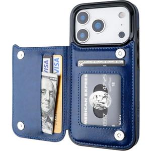 ONETOP Compatible with iPhone 17 Pro Wallet Case with Card Holder, PU Leather Kickstand Card Slots Case, Double Magnetic Clasp and Durable Shockproof Cover 6.3 Inch (Blue)