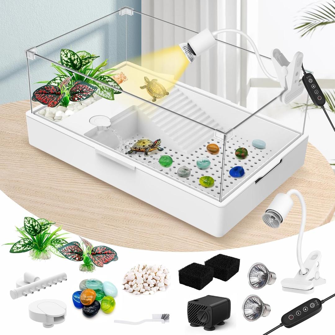 GOZILLA Large Turtle Tank Kit+Water Pump, Acrylic Turtle Tank Starter Kit with Adjustable 5W Water Pump and Two Shower Heads, Multi-Functional Area for Small/Medium Turtles(Large-White Kit)