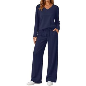 AUTOMET 2 Piece Lounge Sets for Womens Fashion Travel Sweatsuits with Wide Leg Pants Airport Track Basic Business Casual Outfits Clothes Navy L