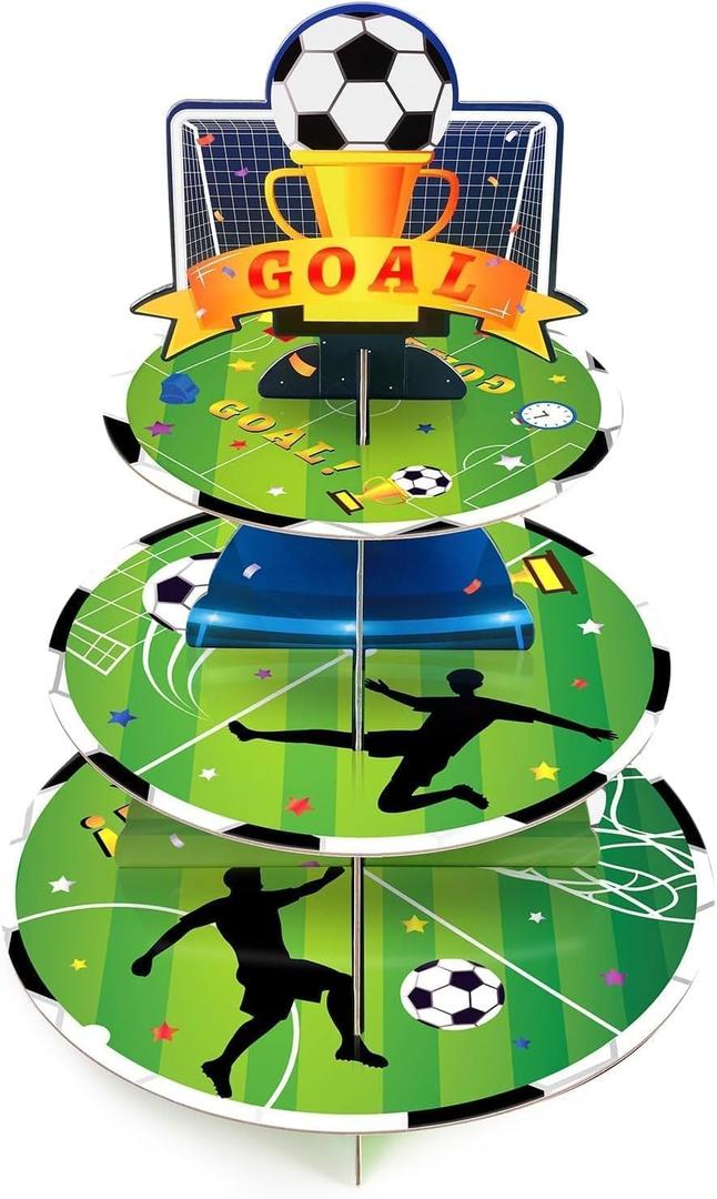 WERNNSAI 3 Tier Soccer Cupcake Stand - Soccer Birthday Party Decorations for Boys Kids Sport Party Supplies Soccer Ball Cupcake Holder Dessert Tower for Birthday Soccer Theme Party BabyShower Supplies
