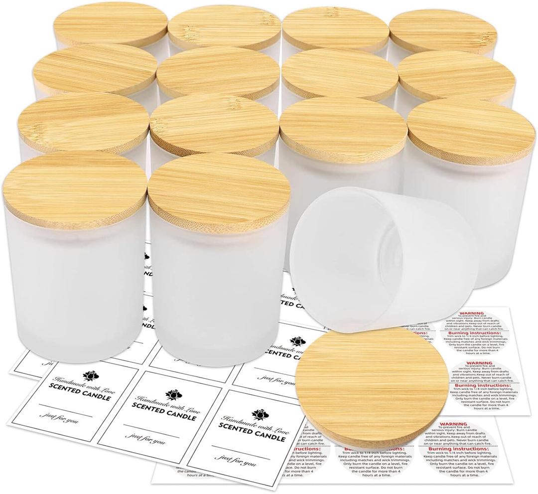 15 Pack Empty Candle Jars, 7oz Frosted Glass Jars with Bamboo Lids Candle Containers in Bulk for Making Candles, Stickers and Labels Included