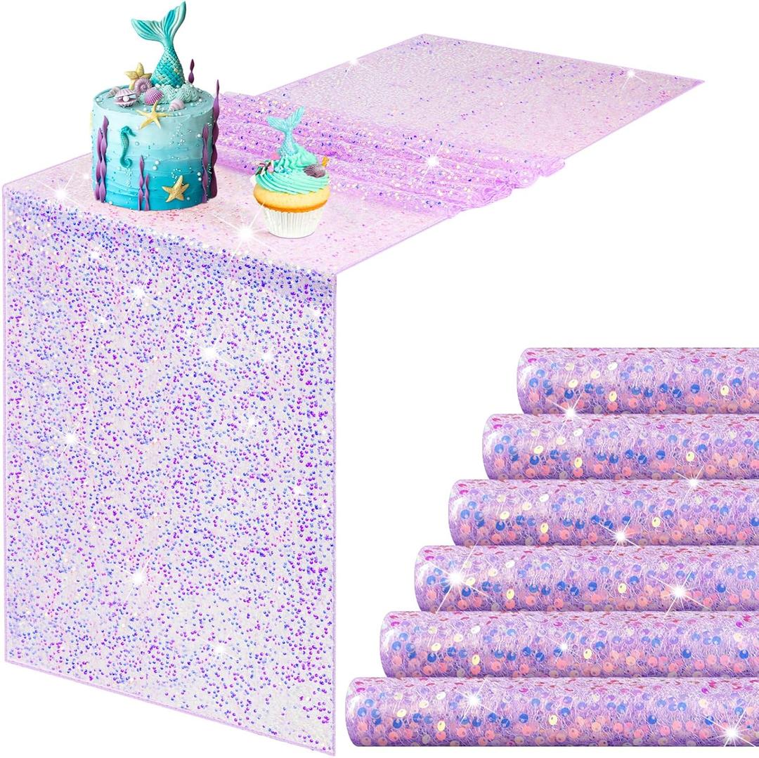 Remagr 6 Pcs Iridescent Purple Sequin Table Runner 12 x 72 Inch Mermaid Table Runner Glitter Sequin Sparkly Desk Cover for Wedding Birthday Party Ceremony Supplies Decor